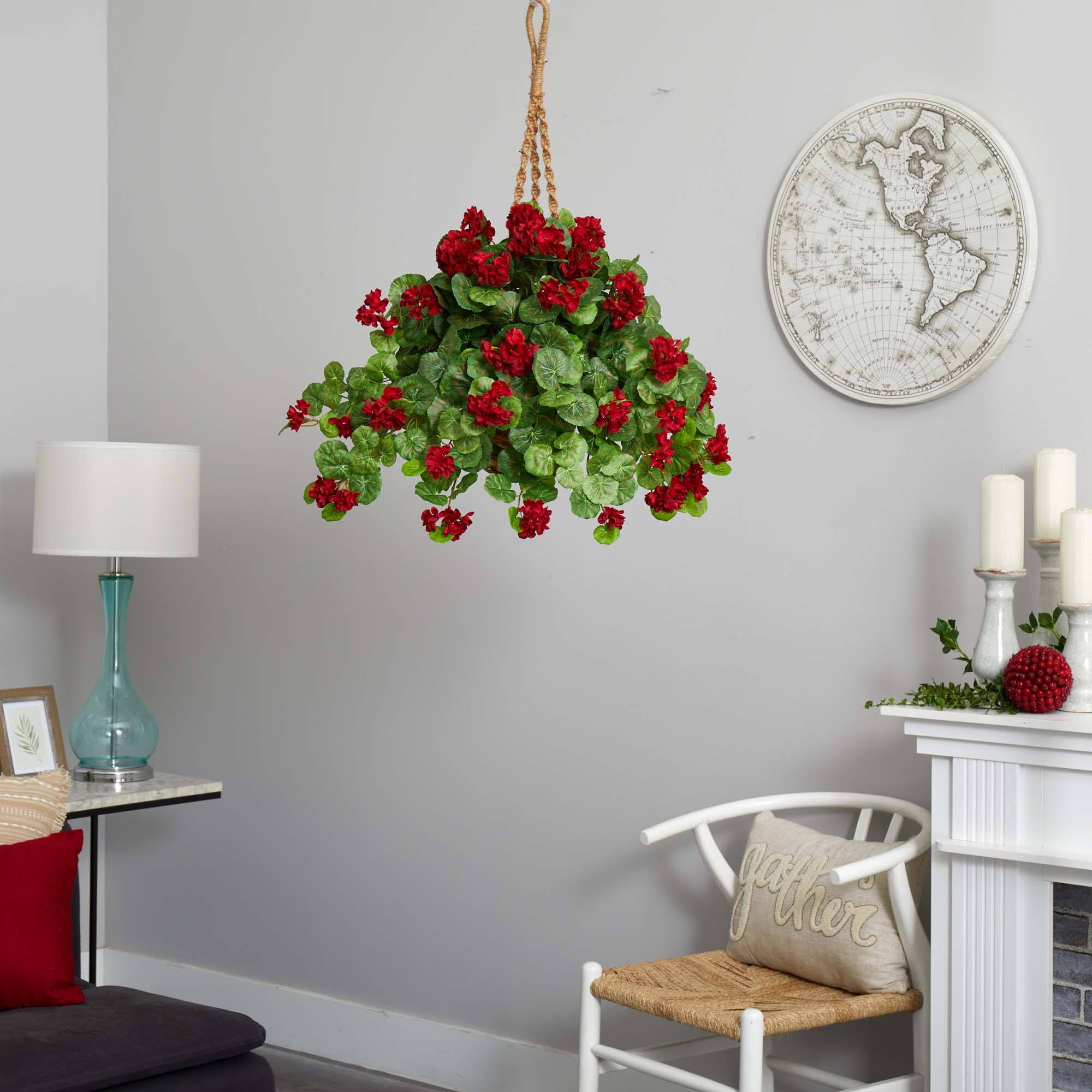 2.2ft. Red Geranium Artificial Plant in Hanging Basket